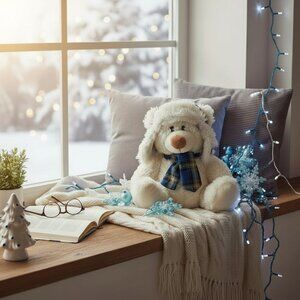 🎄 ❄️Plush Winter Teddy Bear 🧸 Blue Plaid Hat & Scarf ✨ 8" Holiday Decor